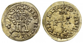 REINO VISIGODO. ÉGICA Y WITIZA. Tremissis. Emerita. AU 1,44 g. 21,4 mm. CNV-580.4. Pequeña grieta. EBC. Escasa.