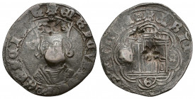 REINOS DE CASTILLA Y LEÓN. ENRIQUE IV. Cuarto. Guadalajara. Resellos en forma de flor y cruz. AR 3,55 g. 25,5 mm. MBC-.