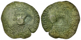 REINOS DE CASTILLA Y LEÓN. ENRIQUE IV. Cuarto. Madrid. Resello girones Valladolid y otro no identificado. AR 2,58 g. 27,5 mm. Cospel abierto. MBC.