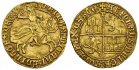 REINOS DE CASTILLA Y LEÓN. ALFONSO DE ÁVILA. Dobla. Toledo. A/ El rey a caballo con armadura y blandiendo su espada a der., bajo el caballo flor; DOMI...