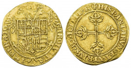 CARLOS I. Escudo (1535). Acuñada para la expedición contre Túnez. Barcelona. AU 3,26 g. 26,1 mm. AC-120. MBC+.