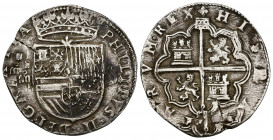 FELIPE II. 4 reales. S/F. Segovia Casa Vieja. A/ Marca de ceca y valor a izq. del escudo. R/ Acueducto en la parte superior del escudo. AR 13,6 g. 34,...