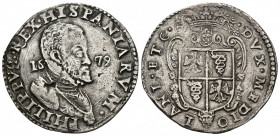 FELIPE II. Escudo de plata. Milán. 1579. A/ PHILIPPVS REX HISPANIARVM. R/ DVX MEDIOLANI ET Ç. AR 31,75 g. 40,33 mm. Crippa 13A. Olivares 28. Hojita en...