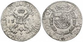 FELIPE II. Escudo de Borgoña. Overijssel (estados en rebelión). 1590. A/ PHS D G HISP REX N O TRS ISSVL. R/ DOMINVS MIHI ADIVTOR. AR 28,29 g. 40,3 mm....