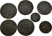 FELIPE III. Lote de 7 piezas, 5 de ellas de Segovia y 2 de Burgos. 2 maravedís (1), 4 mrs. (1), 8 mrs. (3) y 16 mrs. (2). Felipe III (4) y Felipe V (3...