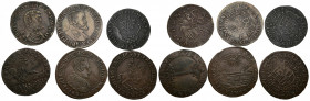 FELIPE IV. Lote de 6 jetones: Carlos I (1), Felipe II (1), Felipe IV (2), Felipe III (1) y Países Bajos (1). MBC-/MBC+.