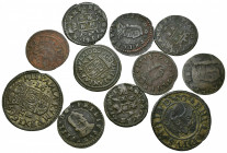 FELIPE IV. Lote de 11 piezas de Madrid: 8 maravedís -1661 (6), 1661 A, 1664 y una falsa de época-, 16 mrs.-1663 y 1664-. BC a MBC+.
