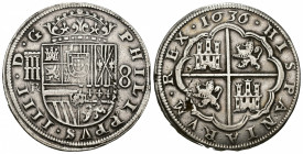 FELIPE IV. 8 reales. 1636. Segovia. R. AR 27,19 g. 40,59 mm. AC-1610. Dos defectos de cospel. MBC.