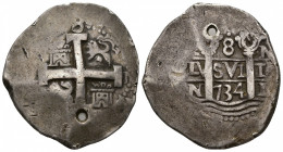 FELIPE V. 8 reales. 1734. Lima. N. AR 26,81 g. 37,5 mm. VI-1038. Agujero. MBC-. Ex subasta Sotheby's, 9-10-1992, lote 121.