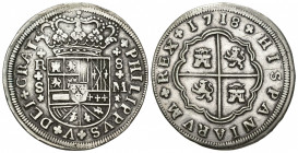 FELIPE V. 8 reales. 1718. Sevilla M. AR 24 g. 40,5 mm. VI-1258. Pequeñas marcas. MBC.