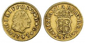 FELIPE V. 1/2 escudo. 1745. Sevilla. PJ. AU 1,74 g. 15,2 mm. VI-1290. MBC-/MBC.