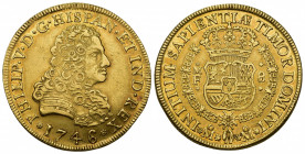 FELIPE V. 8 escudos. 1746/5. México MF. AU 27,03 g. 37 mm. VI-1745 vte. EBC-. Rara.