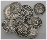 FERNANDO VI. Lote de 8 piezas: 1/2 real (4), 1 real (4). Felipe V, Fernando VI (2) y Carlos III (5). Bc+/mbc.