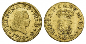 FERNANDO VI. 1/2 escudo. 1756. Madrid. JB. AU 1,77 g. 15,2 mm. VI-414. Leve acuñación floja en rev. MBC.