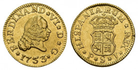FERNANDO VI. 1/2 escudo. 1753. Sevilla. PJ. AU 1,78 g. 15 mm. VI-427. R.B.O. EBC.