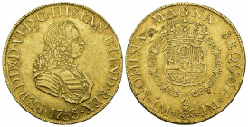 FERNANDO VI. 8 escudos. 1755. Lima. JM. AU 26,97 g. 36,5 mm. Hojas en rev. y pequeñas marcas. MBC+.