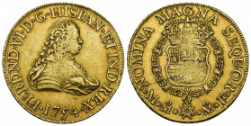 FERNANDO VI. 8 escudos. 1754. México. MF. AU 27,02 g. 36,2 mm. VI-604. Vanos y rayitas de ajuste en rev. MBC.