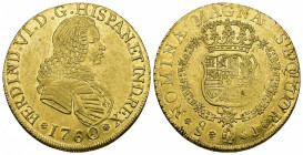 FERNANDO VI. 8 escudos. 1760/59. Santiago j. AU 27,01 g. 35,8 mm. VI-643 vte. Vano en rev. B.O. EBC-/EBC.