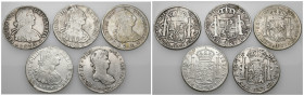 CARLOS III. Lote de 5 monedas de 8 reales: Carlos III (1774 Potosí JR), Carlos IV (1792 México FM y 1806 Potosí PJ) y Fernando VII (México 1810 HJ y 1...