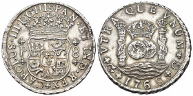 CARLOS III. 8 reales. 1768. Guatemala. P. AR 27 g. 40,3 mm. VI-853. Pequeño defecto de acuñación en gráfila. Bonita acuñación. EBC-.