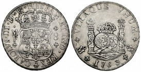 CARLOS III. 8 reales. 1763. México. ME. AR 26,98 g. 38,6 mm. VI-921. MBC+/MBC.