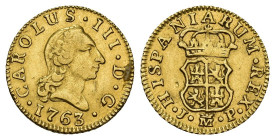 CARLOS III. 1/2 escudo. 1763. Madrid. JP. AU 1,75 g. 14,5 mm. VI-1043. Golpecito en rev. MBC. Escasa.