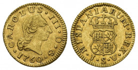 CARLOS III. 1/2 escudo. 1760. Sevilla. JV. AU 1,78 g. 15,2 mm. VI-1070. EBC-/MBC+.
