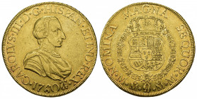 CARLOS III. 8 escudos. 1760. México MM. Tosión tras la fecha. AU 27,01 g. 36,3 mm. VI-1631. Pequeñas marcas. R.B.O. MBC+/EBC-. Rara.