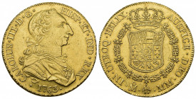 CARLOS III. 8 escudos. 1763. México. MM. AU 27,06 g. 35,6 mm. VI-1636. Pudo haber estado engarzada. Pequeñas marcas. MBC+/EBC-. Rara.