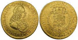 CARLOS III. 8 escudos. 1761. Nuevo Reino. JV. AU 26,96 g. 37,3 mm. VI-1669. Golpecito en gráfila del rev. MBC+. Rara.