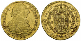 CARLOS III. 8 escudos. 1778. Popayán. SF. AU 27 g. 27,2 mm. VI-1717. Leve grafito en anv. MBC.