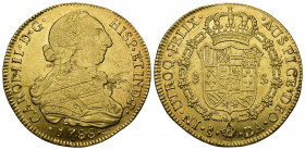 CARLOS III. 8 escudos. 1788. Santiago. DA. AU 27 g. 37,5 mm. VI-1771. Hoja y rayas de ajuste en anv. R.B.O. MBC/MBC+.