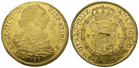 CARLOS III. 8 escudos. 1789. Santiago. DA. 27,01 g. 38,5 mm. VI-1772. Golpecitos en anv. y hoja en rev. B.O. EBC-/EBC. Escasa.