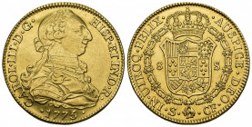 CARLOS III. 8 escudos. 1775. Sevilla. CF. AU 26,95 g. 37 mm. MBC+/EBC. Muy escasa.