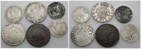CARLOS IV. Lote de 6 piezas: 2 reales de Carlos III (2), 4 reales (3: Felipe V con agujero, Carlos IV y José Napoleón) y 10 reales de Fernando VII. BC...