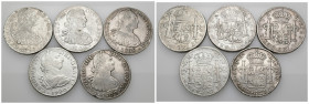 CARLOS IV. Lote de 5 monedas de 8 reales: Carlos IV (México 1790 FM, 1793 FM, 1805 TH y 1807 TH) y Fernando VII (1809 México TH). MBC-/MBC.