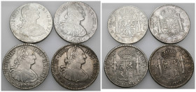 CARLOS IV. Lote de 4 monedas de 8 reales: México (1791, 1798 y 1801) y Potosí (1799). MBC+/MBC-.