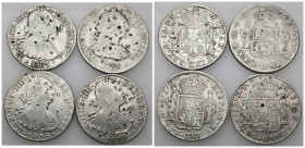 CARLOS IV. Lote de 4 piezas de 8 reales: Carlos III Potosí (1) y Carlos IV México (3) con resellos orientales. BC+/MBC-.