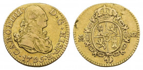 CARLOS IV. 1/2 escudo. 1795. Madrid. MF. AE 1,73 g. 14,6 mm. VI-874. Pequeños defectos de cospel en la gráfila del rev. MBC-. Rara.
