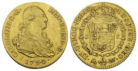 CARLOS IV. 2 escudos. 1794. Madrid. MF. AU 6,7 g. 21,7 mm. VI-1043. Pequeñas marcas. MBC.
