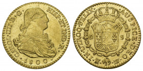 CARLOS IV. 2 escudos. 1800. Madrid. MF. AU 6,75 g. 22,3 mm. VI-1049. Hojita en anv. y acuñación floja en rev. MBC+.