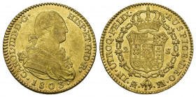 CARLOS IV. 2 escudos. 1803. Madrid. FA sobre MF. AU 6,82 g. 22,5 mm. VI-1054 vte. R.B.O. MBC/EBC-.