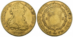CARLOS IV. 8 escudos. 1790. México. FM. Numeral del rey IIII. AU 26,95 g. 37,3 mm. VI-1326. Acuñación floja en rev. MBC-/MBC. Escasa.