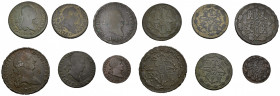 FERNANDO VII. Lote de 6 piezas: 2 maravedís (1), 4 mrs. (3) y 8 mrs. (2). Carlos III (2), Carlos IV (2) y Fernando VII (2). De BC+ a MBC+.