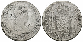 FERNANDO VII. 8 reales. 1816. Chihuahua. RP. AR 25,08 g. 41,17 mm. VI-970. Rayita en anv. Leve doble acuñación en rev. MBC para esta serie.