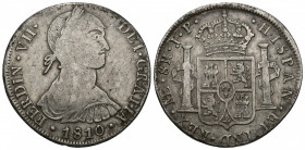 FERNANDO VII. 8 reales. 1810. Lima. JP. AR 26,92 g. 39,85 mm. VI-1039. Canto perdido en algunas zonas. MBC-/MBC.