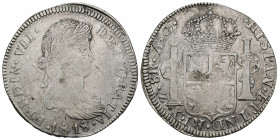FERNANDO VII. 8 reales. 1818. Zacatecas. AG. AR 25,80 g. 39,11 mm. VI-1205. Acuñación floja. MBC- para esta serie.