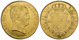 FERNANDO VII. 320 reales. 1823. Madrid. SR. AU 26,98 g. 35,7 mm. VI-1480. Acuñación floja en rev. R.B.O. MBC+/EBC. Rara.