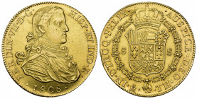 FERNANDO VII. 8 escudos. 1808. México. TH. AU 26,98 g. 36,62 mm. VI-1481. Limadura en canto para obtenr polvo de oro. R.B.O. EBC-.