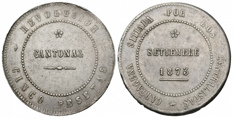 REVOLUCIÓN CANTONAL. 5 pesetas. 1873. Cartagena. Coincidente sobre eje horizonta...